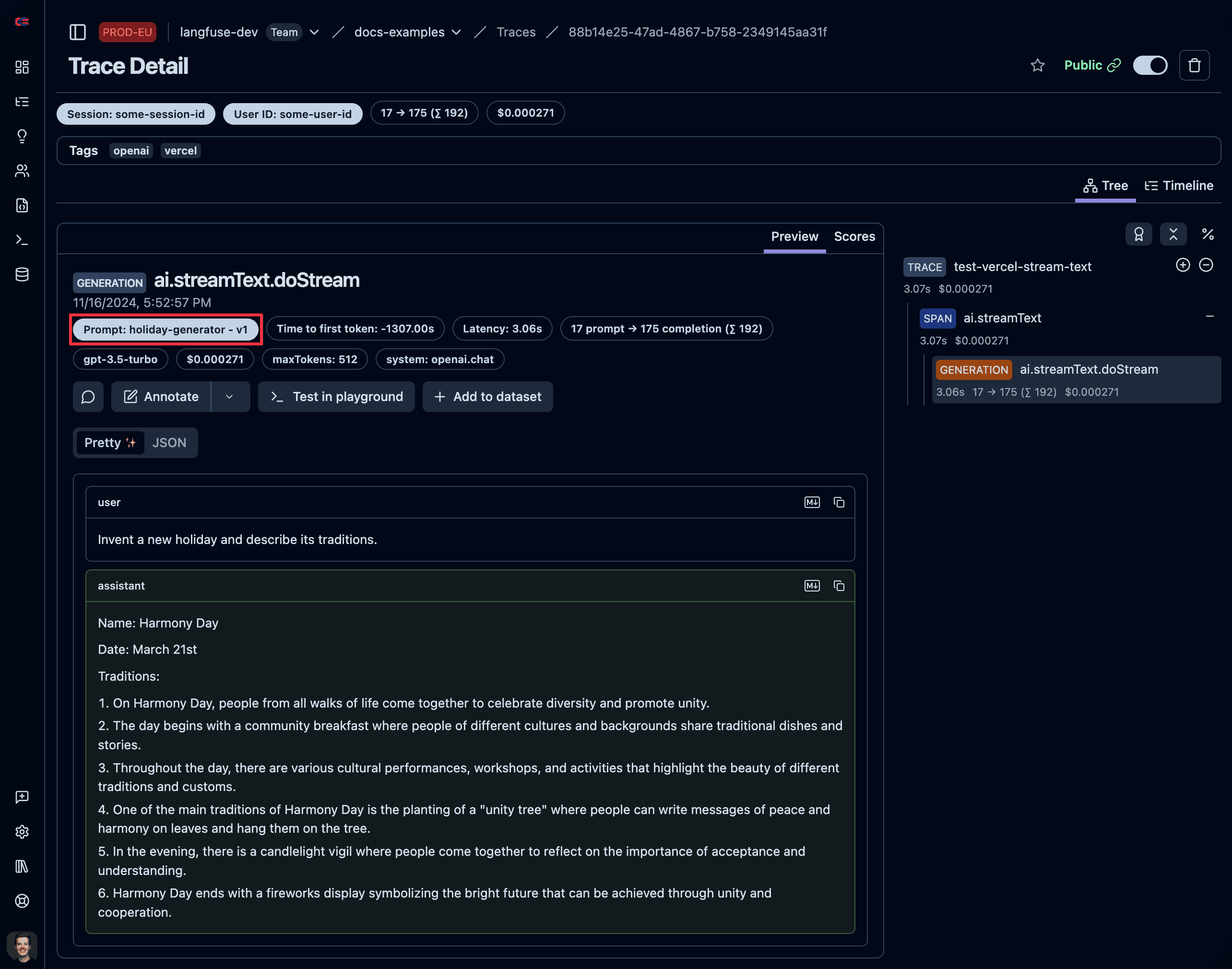 Langfuse Vercel AI SDK trace linked to a prompt version